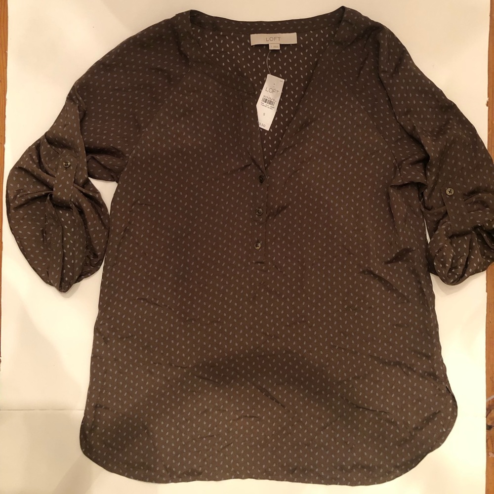 Loft blouse - olive green/brown w blue/grey design